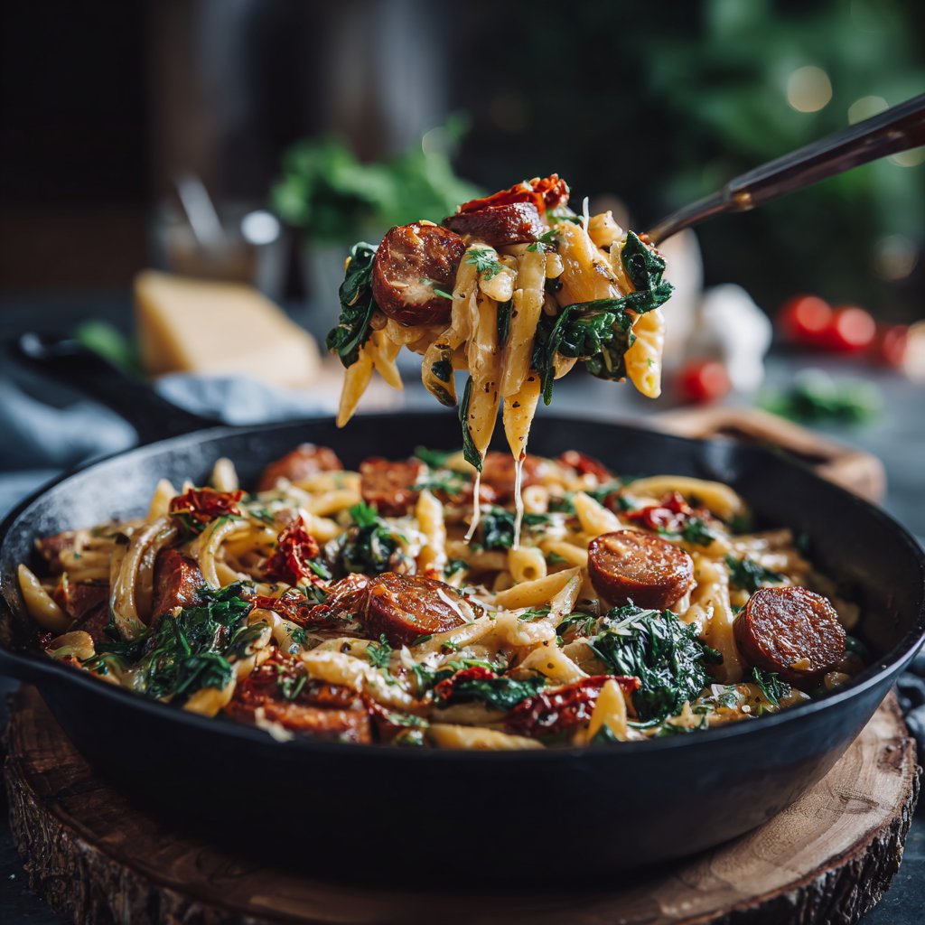 One Pot Cajun Sausage Pasta with Spinach and Sun-Dried Tomatoes
