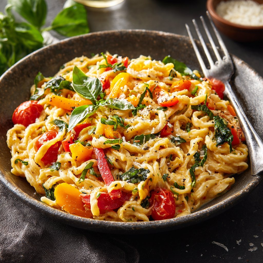One Pot Creamy Garlic and Roasted Vegetable Pasta